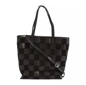 ZARA Black Woven Leather Checkerboard Tote Bag Crossbody Shoulder Carryall